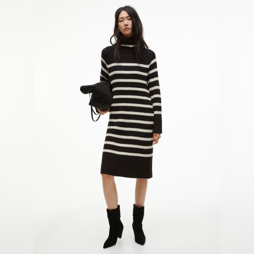 H&M Black and White Striped Turtleneck Sweater Dress